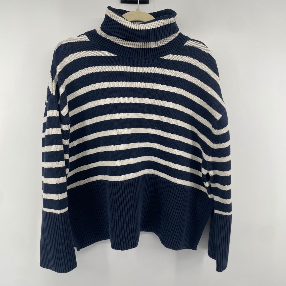 Gap Sweater Womens Medium Navy Blue White Striped Turtleneck Cotton Knit Slit